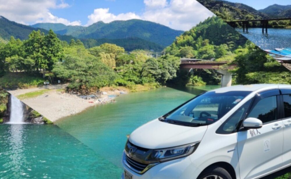 TBMタクシーおすすめの、仁淀川観光～四万十川観光の写真です。個人タクシー車両とともに絶景の一枚。