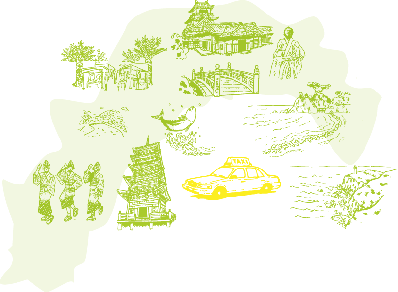 高知観光スポットのイラスト「高知城、桂浜、はりまや橋、よさこい祭り、竹林寺、坂本龍馬、足摺岬」